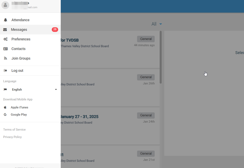 A screenshot of school messenger dashboard in the left navigation