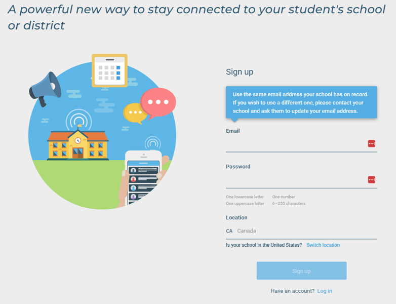 A screenshot of the school messenger sign up form