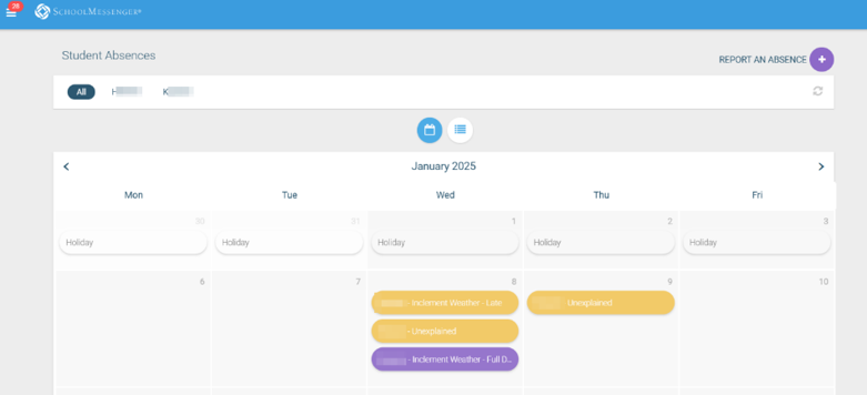 a screenshot of the student absences section of the school messenger dashboard